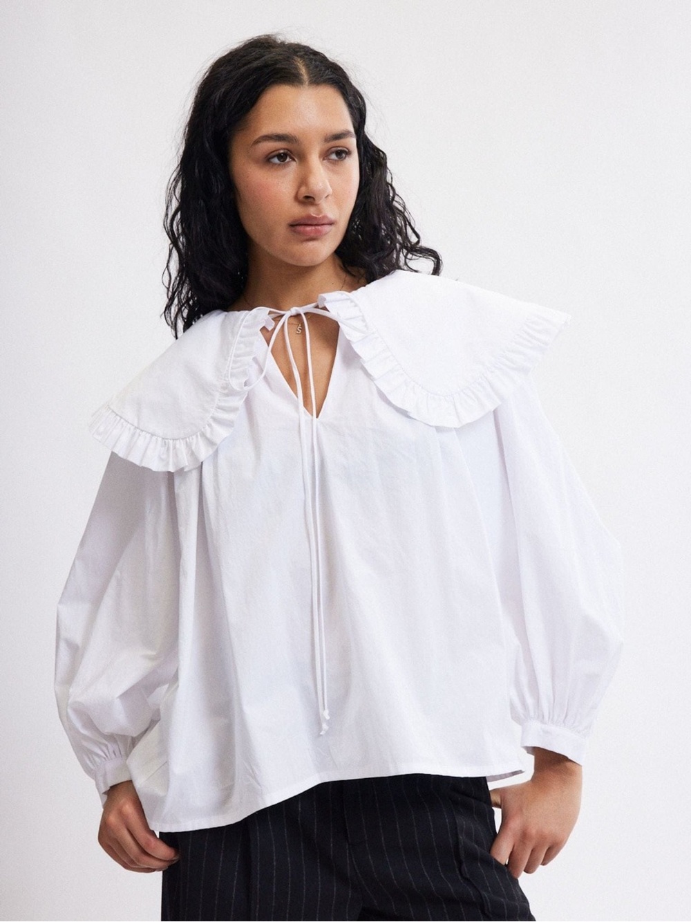 Sawyer Top - Oversized White Ruffle-Collar Blouse with Tie Neck